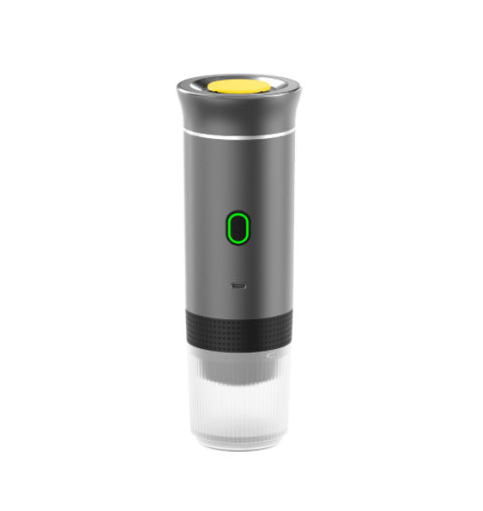 Gray electric wine bottle opener with a green light on a white background
