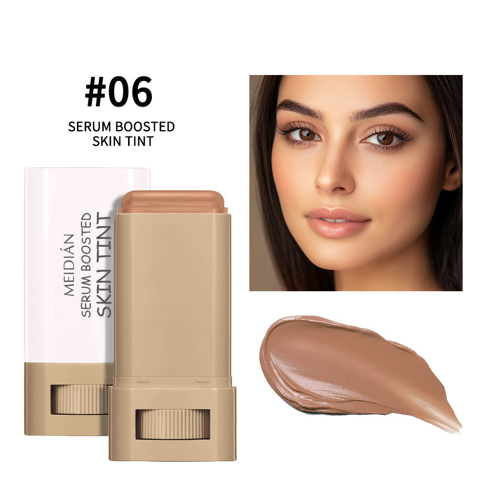 MEIDIAN serum boosted skin tint with a model's face and swatch on a white background