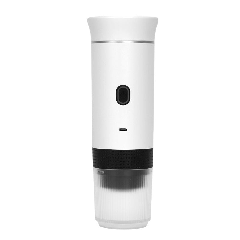 A white cylindrical electric grinder with a black textured grip band and a clear plastic container at the bottom, shown against a plain white background.