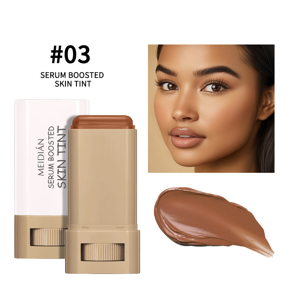 MEIDIAN serum-boosted skin tint with a model's face and swatch on a white background