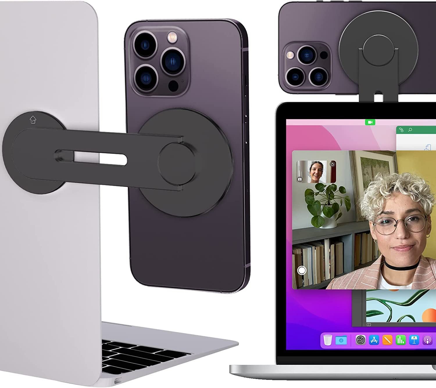 Smartphone with a stand attached, displayed on a laptop screen during a video call.