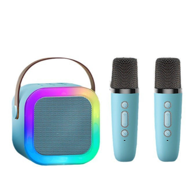 Portable speaker with two microphones on a white background