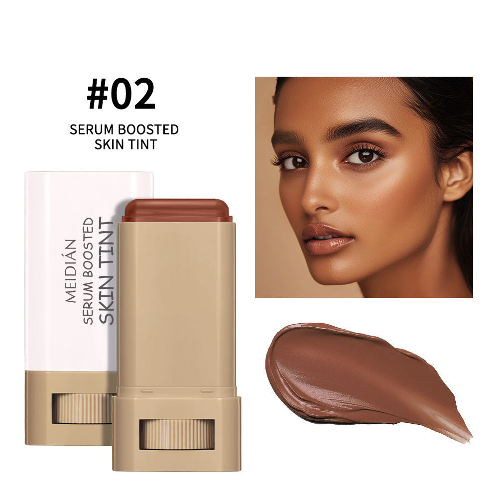 MEIDIÑAN serum boosted skin tint with a model's face and swatch on a white background