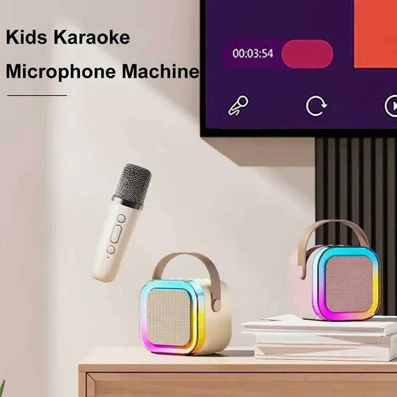 Kids Karaoke Microphone Machine with two colorful speakers and a screen displaying a timer.