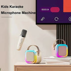 Kids Karaoke Microphone Machine with two colorful speakers and a screen displaying a timer.