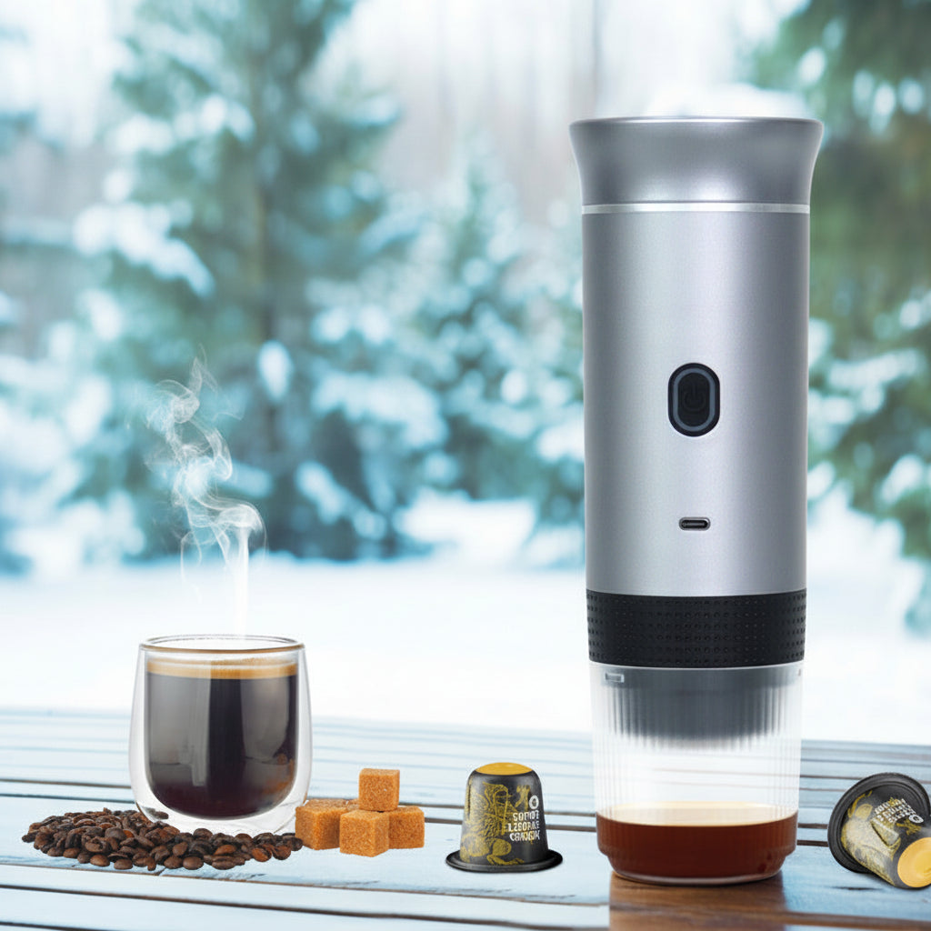 A portable electric coffee extraction machine in silver and black stands on a table next to brewed coffee, coffee beans, sugar cubes, and coffee pods, with a blurred snowy outdoor background.
