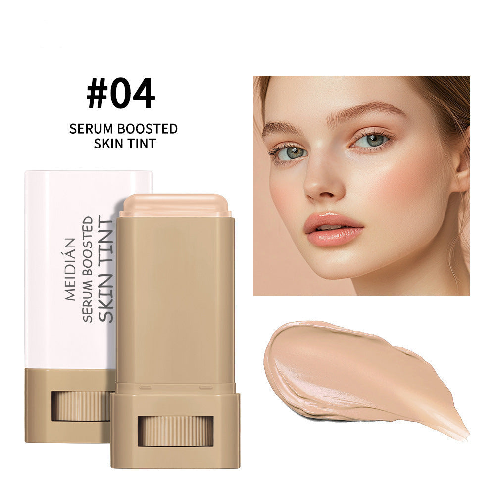 MEIDIAN serum boosted skin tint stick with a model's face and swatch on a white background