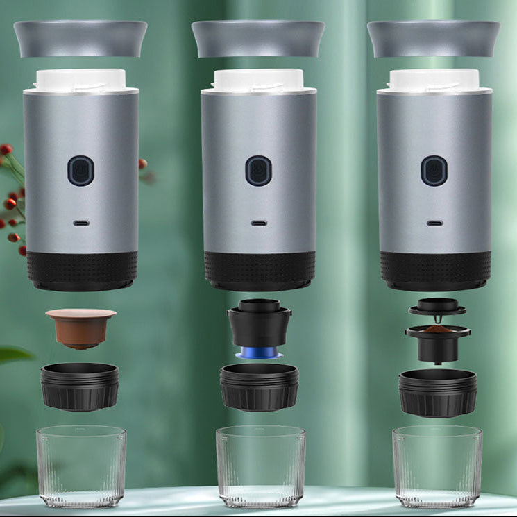 Three vertical product renderings on a soft green background, each showing a silver cylindrical coffee-related device with a dark base and various small accessory pieces floating below, plus three clear cups.