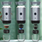 Three vertical product renderings on a soft green background, each showing a silver cylindrical coffee-related device with a dark base and various small accessory pieces floating below, plus three clear cups.