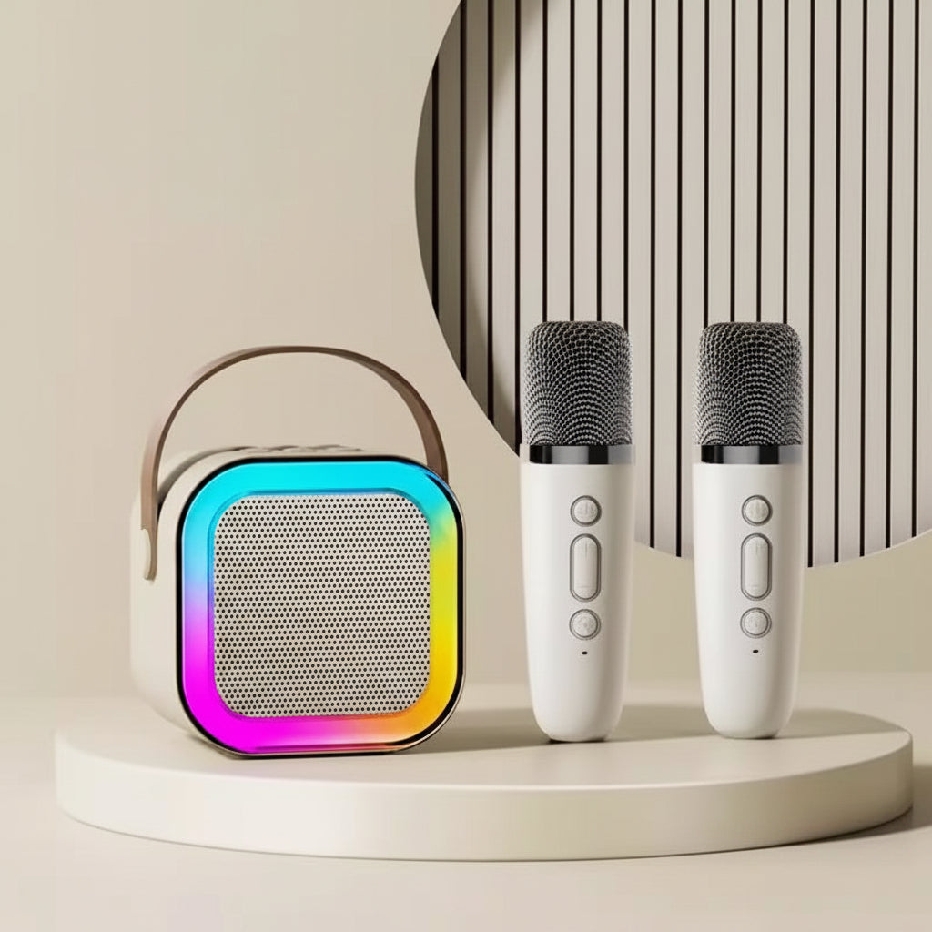 Two microphones and a colorful speaker on a neutral background.