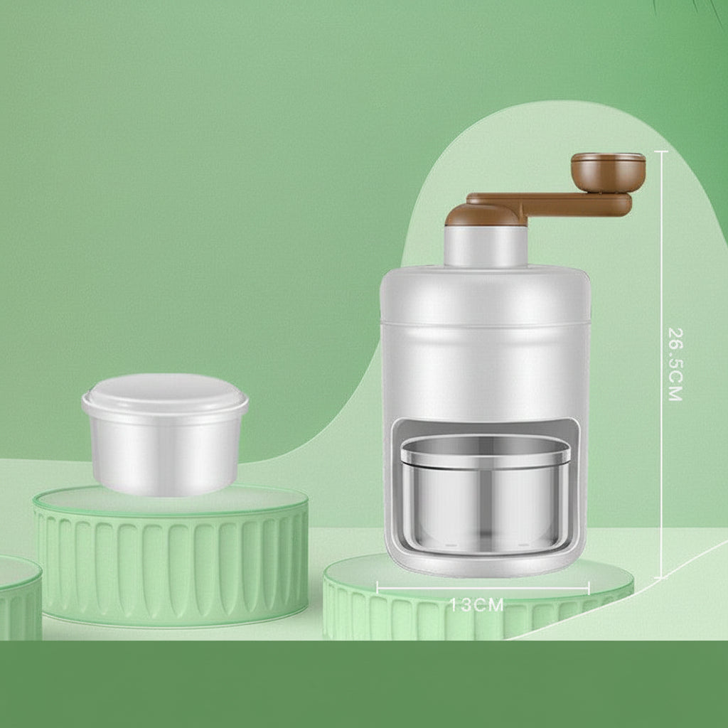 Manual ice cream maker set with a silver hand-crank machine, brown handle, and two green circular molds, shown on a light green background.