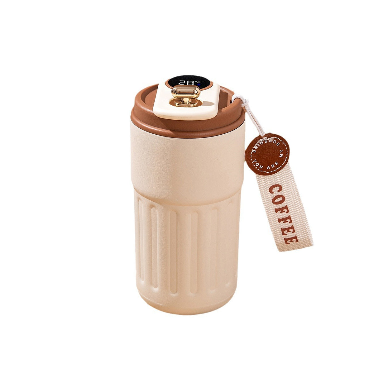 Beige coffee tumbler with brown lid and 'COFFEE' tag on a white background