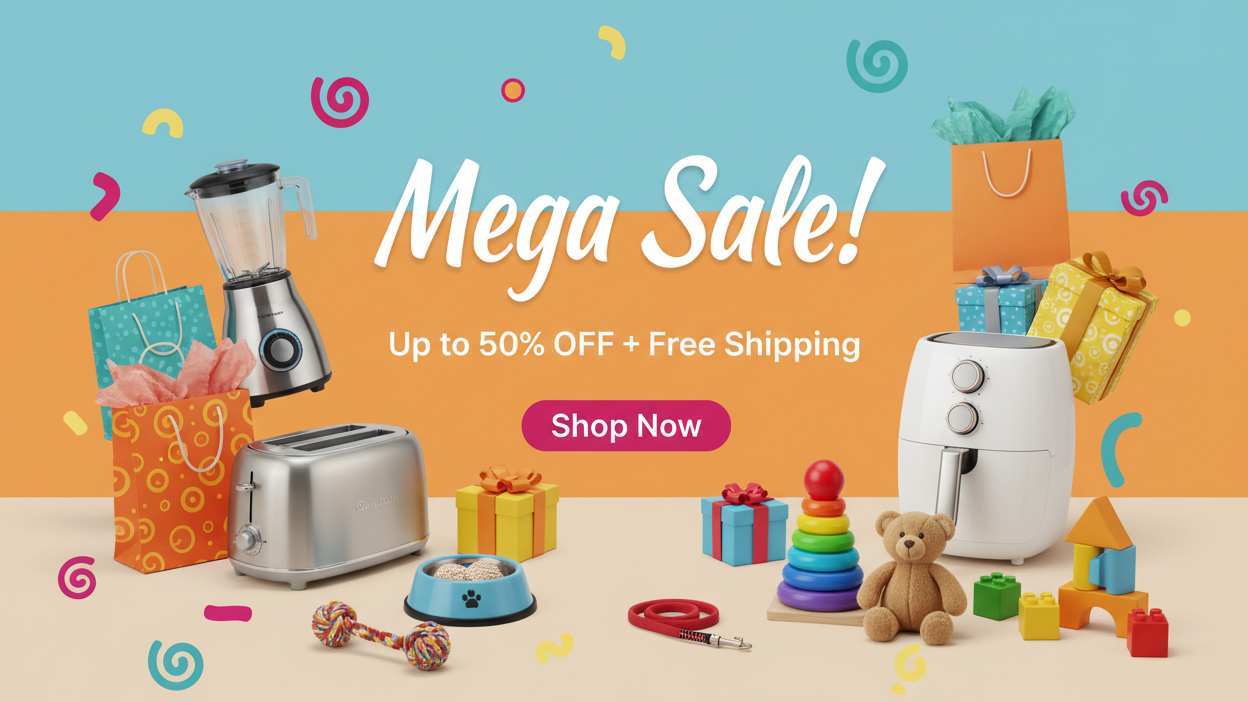 A promotional sale banner with the text 'Mega Sale! Up to 50% OFF + Free Shipping' and a 'Shop Now' button, surrounded by assorted consumer goods including a blender, toaster, air fryer, gift bags, toys, and a dog toy on a pastel background.